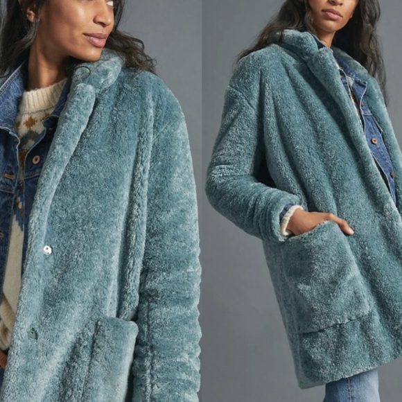 Anthropologie Maeve Lisanne Oversized Faux Fur Coat, Sky Blue - Picture 14 of 15